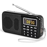 PRUNUS J-725 FM UKW Radio Klein, Digital Radio mit 3000mAh Wiederaufladbare Batterie, Kofferradio Tragbares Radios Wecker, USB/SD/TF/AUX-Player, Akku Radio mit Notlicht.(Schwarz)