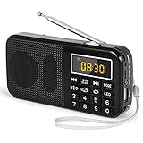 PRUNUS J-725 FM UKW Radio Klein, Digital Radio mit 3000mAh Wiederaufladbare Batterie, Kofferradio Tragbares Radio Wecker, USB/SD/TF/AUX-Player, Akku Radio mit Notlicht.(Schwarz)