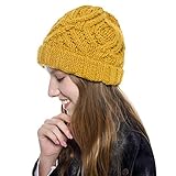 StarTreene Niedliche Strickmützen für Damen, einfarbig, Herbst, Winter, warme Bommelmütze, gelb, Einheitsgröße