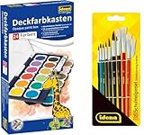 Idena 22064 - Deckfarbkasten mit 24 Farben und 1 Tube Deckweiß, ideal für Kindergarten, Schule und zu Hause + Pinsel Set