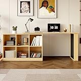 Moimhear 140x104x75cm Multifunktionaler Bürotisch, Sechsfach-Lagerschrank+Ablage, breite und Dicke Schreibtischplatte, Lochplatte, super belastbar, Holzfarbe