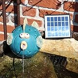 Wasserspeier Fisch mit Solarpumpe blau aus Keramik für Miniteich oder Weinfass