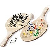 Nachhaltiges Strandtennis Beachtennis Beachball Set 2 Schläger mit Schachspiel und Mühlespiel mit Ball im Baumwollbeutel Sport Fun Sommer Strand Beach