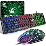 Gaming Tastatur Und Maus Set, QWERTZ German Layout Regenbogen LED Hintergrundbeleuchtung Ergonomische Keyboard 6 Tasten 2400 DPI Maus und Mauspad, USB Verkabelt, Kompatibel mit PS4 Xbox, Schwarz