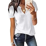 Kurzarm Bluse Damen Elegant V-Ausschnitte Oberteile Leichtes Lose Sommershirts Einfarbig Damenblusen Waffel Strick Hemdbluse Top T-Shirt Tunika