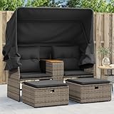 Willood Gartensofa 2-Sitzer mit Dach und Hockern Grau Poly Rattan mit Vordach Outdoor Sofa mit Sonnendach, Terrassensofa mit Hockern, Gartenmöbel Sofagarnitur Gartengarnitur