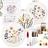 YINVA Anfänger Stickerei Set Stickerei Set, Blumenmuster Pflanzen Kreuzstich-Kit Starter Tools Kit mit 3 Stück Kunststoff-Stickrahmen, für DIY Kunst, Handwerk, Nähen