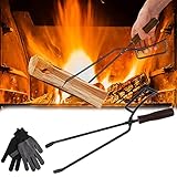 Kaminzange, 40cm Schwerlast Kaminholzzange Feuerholzzange kaminzubehör Kaminbesteck Anti-Verbrühung Lange Brennholzzange Kaminzange Feuerholzzange für Lagerfeuer und Kaminöfen mit Paar Handschuhe