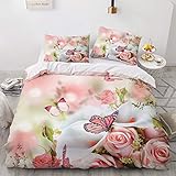 Luowei Bettwäsche 135x200cm Rosa Rose&Schmetterling Blüten Bettbezug Set 2 Teilig Weiche Microfaser Vintage Floral Blumen Bettbezug mit Reißverschluss und 1 Kissenbezug 80x80cm