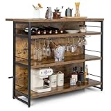 COSTWAY Hausbar Schrank, Küchenregal mit 4 offenen Ablagen & Weinregal & Gläserhalter, Standregal 120 x 60 x 101 cm, Barschrank mit Fußstütze & verstellbaren Fußpolstern (Rustikales Braun)