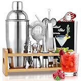 Cocktail Set, Godmorn Edelstahl Shaker Set, 15 Teiliges Barkeeper Set mit bessere Bambus Ständer, Rezeptbuch, Messbecher und Bar Löffel, 550 ml Geschenk Set für Zuhause oder die Bar