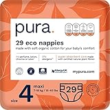 Pura Öko-Windeln Größe 4 (Maxi 7-18 kg), 29 Windeln (1 Packung), mit EU Ecolabel Zertifiziert, für Empfindliche Haut, aus Bio-Baumwolle, Geruchsfrei, Hypoallergen, 12 Stunden Auslaufschutz