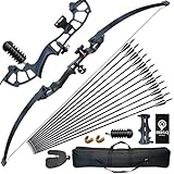 DD&Qarchery Recurve Bogen und Pfeil Set für Erwachsene Anfänger 30-40lb Rechtshänder Jagd Langbogen mit Metall Riser und 12ps Pfeile（40 LBS, Schwarz）