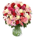 Blumenstrauß “Amelie”, Bunte Inkalilien & Rosen in Weiß, Pink & Rot, bis zu 40 Blüten, 40-50cm Länge, 7-Tage-Frischegarantie, Qualität vom Floristen, Ideales Blumengeschenk, Schneller Blumenversand