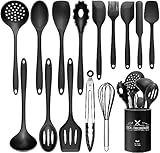 Wildone 15-teiliges Silikon Küchenutensilien-Set, Hitzebeständig, Spülmaschinenfest, Antihaftbeschichtet (Schwarz)