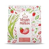 Vegan Protein - ERDBEERE - Pflanzliches Proteinpulver aus gesprossten Reis, Erbsen, Chia-Samen, Leinsamen, Amaranth, Sonnenblumen- und Kürbiskernen - 600 Gramm Pulver