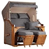 MR. DEKO® Strandkorb Schleswig Pinie Volllieger | Strandstuhl Liegestuhl Pinienholz | PE Geflecht Mokka | Dessin 560 inkl. 4 Kissen | Strandkörbe montiert | Verstellbarer Oberkorb mit Fußablage