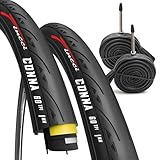 Fincci Rennradreifen 700x25c – 2er Set Slick- Faltreifen 28 Zoll mit 1 mm Nylon-Pannenschutz & 2X 25-622 Presta-Schläuchen, Fahrradmantel 28' 60 TPI für Rennrad, Carrera, Ebike, Straße & Tourenrad