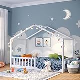 Bellabino Bia Kinderbett 90x200 cm – Bodenbett mit Rausfallschutz & Lattenrost – Hausbett aus Massivholz Kiefer – Montessori Kinder Bett in Weiß für Jungen und Mädchen