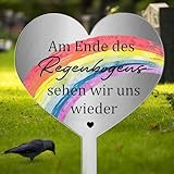 Grabschmuck Wetterfest Edelstahl Herz Mit Spruch Am Ende des Regenbogens Sehen Wir U.S Wieder Grabdekoration Dekoherz Grabstecker Personalisiert Für Gärten, Höfe & Trauer-Andenken
