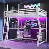 Hochbett mit Schreibtisch und Computerkonsolenablage 90x200 cm, Etagenbett Metallbett mit LED-Ambientelicht & USB und Steckdose, Funktionsbett Stockbett Spielbett Jugendhochbett, Weiß, Ohne Matratze