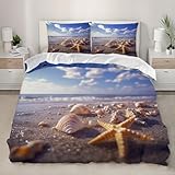 Seestern-Meereslandschaft Bettwäsche 135x200 cm Mikrofaser Bettbezüge modern viele Muster Frisch Und Einfach 3er Set mit Reißverschluss, 2 Kissenbezug weich Atmungsaktiv Hypoallergen Für Kinder