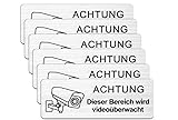 Vueinrg [6 STK] Achtung Videoüberwachung Schild,85x30mm Selbstklebend Aluminium Schild Warnschild Kamera überwachung Schild, Achtung Privatgrundstück Tag, Aluminium Rostfrei