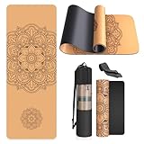 Yogamatte, rutschfest, einzigartiges Design, natürlicher Kork, TPE-Material, Fitness-Trainingsmatte mit Tragetasche und Gurt, für Zuhause, Pilates, Aerobic Fitnessstudio und Workout (183 x 61 cm)