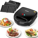 Sandwichmaker 3 in 1, Sandwichtoaster, Kontaktgrill, Waffeleisen 3 in 1, 3 Abnehmbare, Spülmaschinengeeignete und Antihaftbeschichtete Grillplatten, Dreieckig Sandwich Maker 30JVU, 750 W