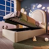 NADEUSAK Kinderbett Polsterbett 90x200cm mit kosmischem Muster Beige PU für Jungen & Mädchen (Mit Matratze)