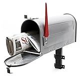 Wiltec Set US Mailbox silbergrau 180 x 220 x 480 mm, amerikanischer Briefkasten mit Fahne, Standbriefkasten Stahl amerikanisches Design mit passender Wandhalterung