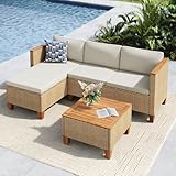 MFSTUDIO 3-Teilig Rattan Gartenmöbel Set mit Beigen Kissen für 4 Personen, Kleines L-Förmiges Outdoor Sofa mit Holztisch, Gartenlounge Set Outdoor für Terrasse, Balkon