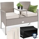 KESSER® Polyrattan Gartenbank 2-Sitzer Bank mit integriertem Tisch, 143×63×88 cm - Rattan Sitzbank Garten Balkon Gartensofa wetterfest Sitzgruppe Ultra Stabile, inklusive Kissen und Cover, Grau