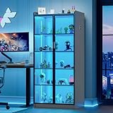 Lvifur Led Vitrine Buffetschrank Sideboard, 35 × 70 × 165 cm Smart Vitrinenschrank RGB 20 Farben Dimmbares Sideboard Intelligente Sensorik Vorratsschrank Wohnzimmer （Grau）
