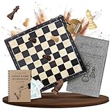 ALTIVATIV Schachspiel - Schachbrett Holz Hochwertig [38x38cm] Chess Board aus Akazienholz Handarbeit - 2x Extra Damen mit 50x Schach Partieformulare - Inkl. Eröffnungskarten und praktischer Filztasche