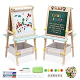 Kinder Tafel Holz Kindertafel Malerei Holztafel|Höhenverstellbar Doppelseitige Whiteboard und Tafel-Staffelei mit Papierrolle,Buchstaben und Zahlen und Anderem Zubehör für Kinder 2-8 Jahren