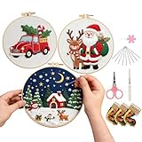 Generisch Weihnachts-Stickset – Baumwollfaden Und Stoff, 20cm Spannrahmen 3-teiliges Set | Stick-Kit Mit Farbigen Fäden, Schere, Nadel Und Anleitung Für Erwachsene, Anfänger Nd Bastelliebhaber