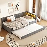 RIAZOS Polsterbett Schlafsofa 90x200, Einzelbett mit Ausziehbett, Daybett mit LED Staufach, Tagesbett mit USB Typ C Ladefunktion, Jugendbett Kinderbett Gästebett, Leinen, ohne Matratze, Grau