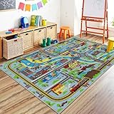 Capslpad Kinder Spielmatte 160x100cm rutschfest Stadtplan Spielplatz Teppich Waschbar Auto Spielmatten Kurzflor Stadtleben Lernen Bildungsbereich Teppich für Kinderzimmer Spielzimmer Dekor,Hellblau