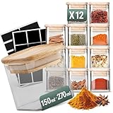 Stapelbare Gewürzgläser Set 150 ml Eckig - 12 Stück - Vorratsdosen aus Glas luftdicht - Bambus Holzdeckel - mit Etiketten & Kreidestift - Gewürzaufbewahrung, Küchenorganisation, Vorratsglas
