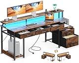 Coleshome Schreibtisch mit 5 Schubladen aus Stoff, Computertisch mit Monitorständer und LED-Leuchten, Reversibler Gaming Tisch mit Steckdose, Home Office Schreibtische, Braun, 160x48cm