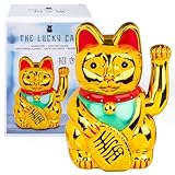 MIJOMA Winkekatze Maneki Neko Gold – 20 cm Glückskatze aus Kunststoff mit beweglicher Pfote, asiatischer Deko Glücksbringer für Geld, Erfolg & Wohlstand – batteriebetrieben