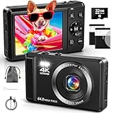 4K Digitalkamera mit 32 GB TF-Karte 64 MP Autofokus Fotoapparat mit 16X Digitalzoom Tragbar Kompaktkamera mit wiederaufladbare 2 1200mAh Batterien, USB-Kabel, für Teenager Erwachsene Anfänger