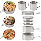 Gevvnss Edelstahl Kochgeschirr Camping Topf Pfanne Set,8-Teiligtes Camping Kochtopf Set mit Pfanne,Faltbar und Stapelbar Outdoor Kochset Campinggeschirr für 3-4 Personen