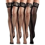 Cozlly 4 Paare Damen Netzstrümpfe, Silikon Spitze Schenkelstrümpfe, Rutschfeste Nylon Lange Elastische Strümpfe, Halterlose Strümpfe, Sexy Stockings, Einheitsgröße - Schwarze