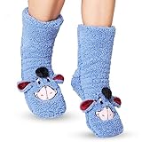 Disney Antirutschsocken Damen mit 3D-Ohren, One Size ABS Kuschelsocken Damen Antirutsch Haussocken Winter Frauen Geschenke (Blau Sherpa Eeyore)