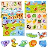 WuGU 5er Set Holzpuzzle 1 Jahr, Holzpuzzle Kinder, Greifpuzzle, Kinderpuzzle Lernspielzeug, Steckpuzzle Holz ab 1 2 3 4 Jahr, Tier Dinosaurier Nummer Fahrzeuge Frucht Form Montessori Spielzeug