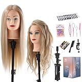 Frisierkopf mit Übungskopf Ständer 70% Echthaar Puppenkopf zum Frisieren Trainingsköpfe für Friseure Ausbildung Kopf mit Tischklemme, DIY Haarflecht Set (Blond)
