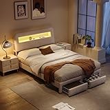 Doppelbett, gepolstert, 160 x 200 cm mit LED und Mehrfachsteckdose, Bett 160 x 200 cm mit Schublade, Aufbewahrungsbetten mit Lattenrost, Mädchenbett, Bettkasten für Erwachsene und Jugendliche (Weiß