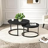 Hawthyhome 2 Stücke Beistelltisch Set rund, Couchtisch aus Holz mit Metallrahmen,Moderne Kaffeetische Satztische für Wohnzimmer Schlafzimmer Schwarz